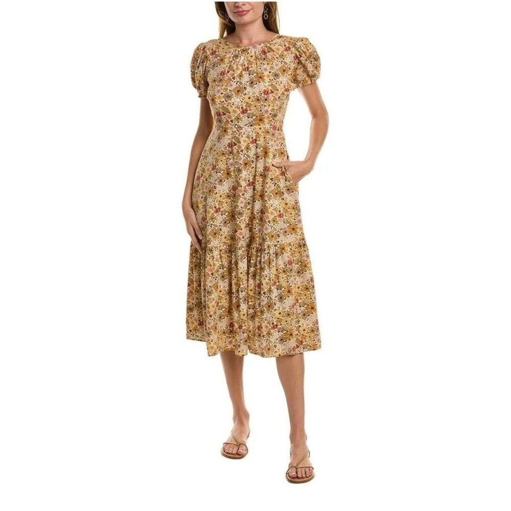 Madewell Puff-Sleeve Open-Back Midi Dress in Flora Field Womens 00 Sand Summer